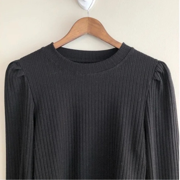 Monk & Lou Ribbed Knitted Knit Puff Long Sleeve Comfy Crop Top Shirt Black - Picture 2 of 7